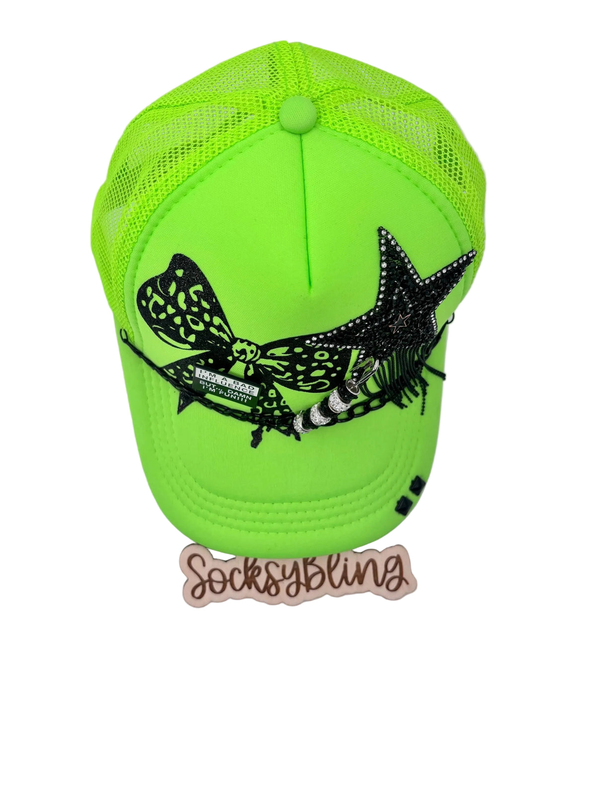 Neon Trucker hat| Bling Embellished| Sparkly Star and Leopard Glitter Bow| Trucker hat with Leopard print