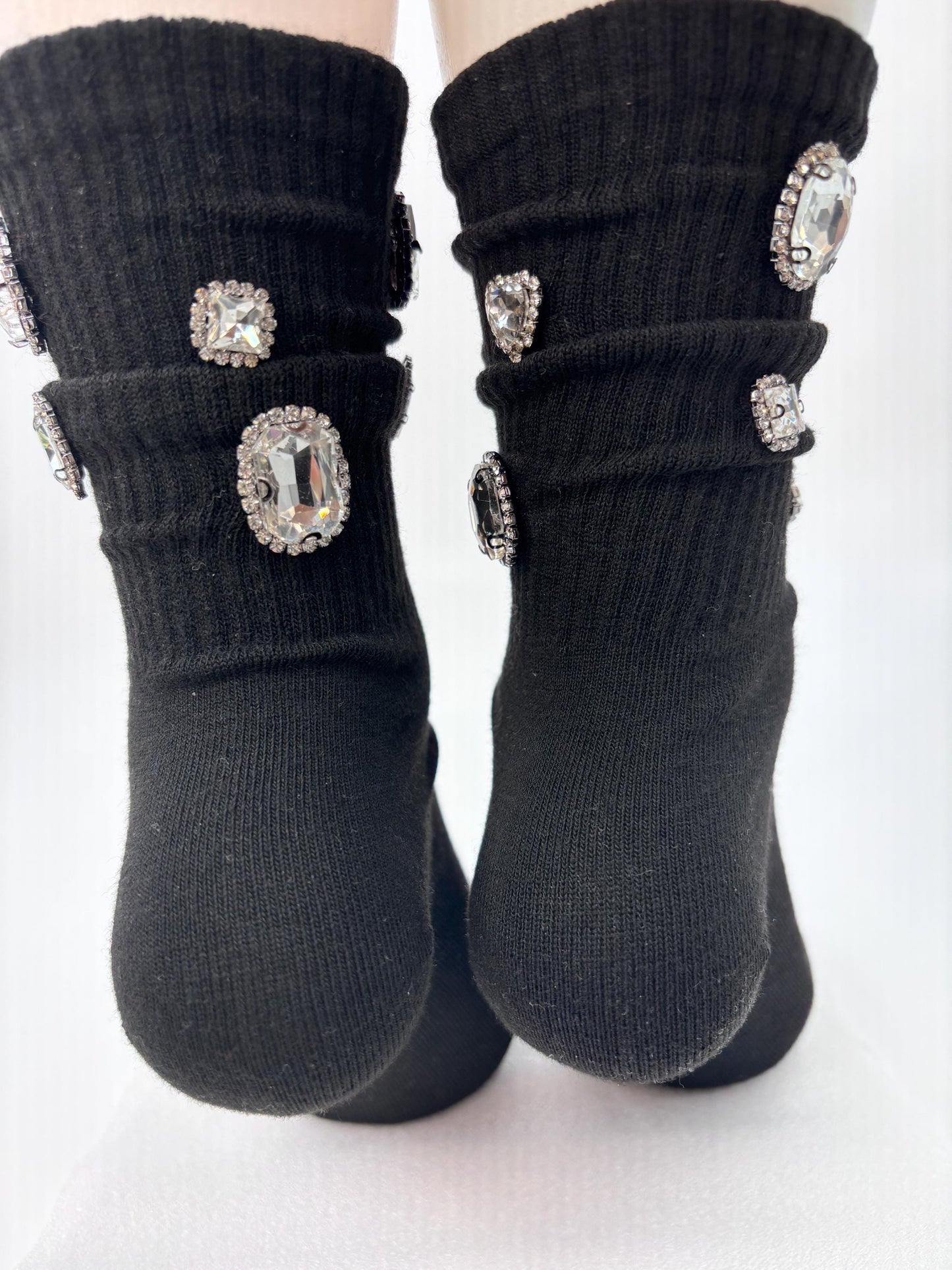 Chunky Gems Black Socks 6-10, Gems, Rhinestones| Hand-Sewn Bling Statement Socks