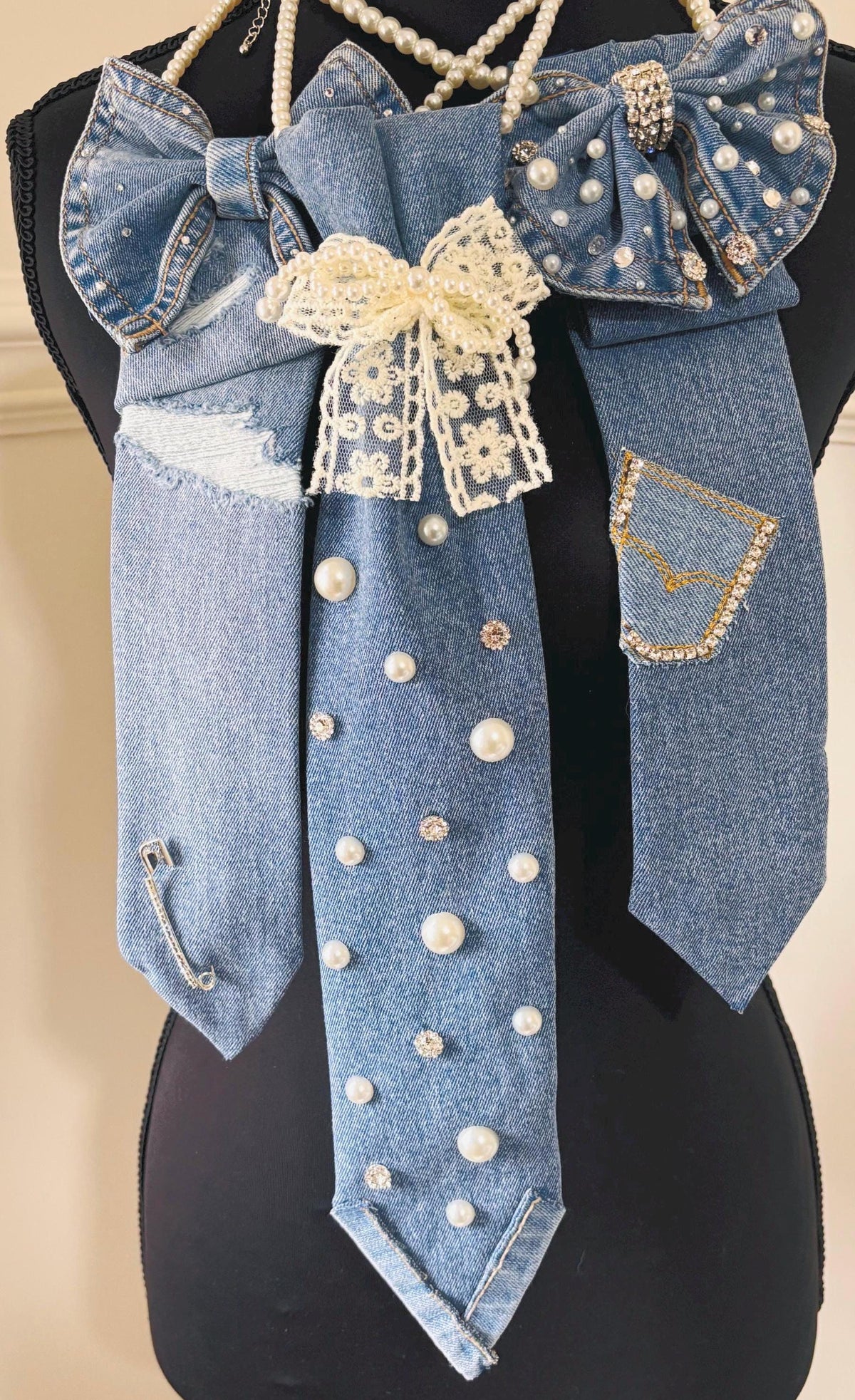 Denim Necktie| Junk Tie| Handmade Bling Tie with Bow| Bow tie