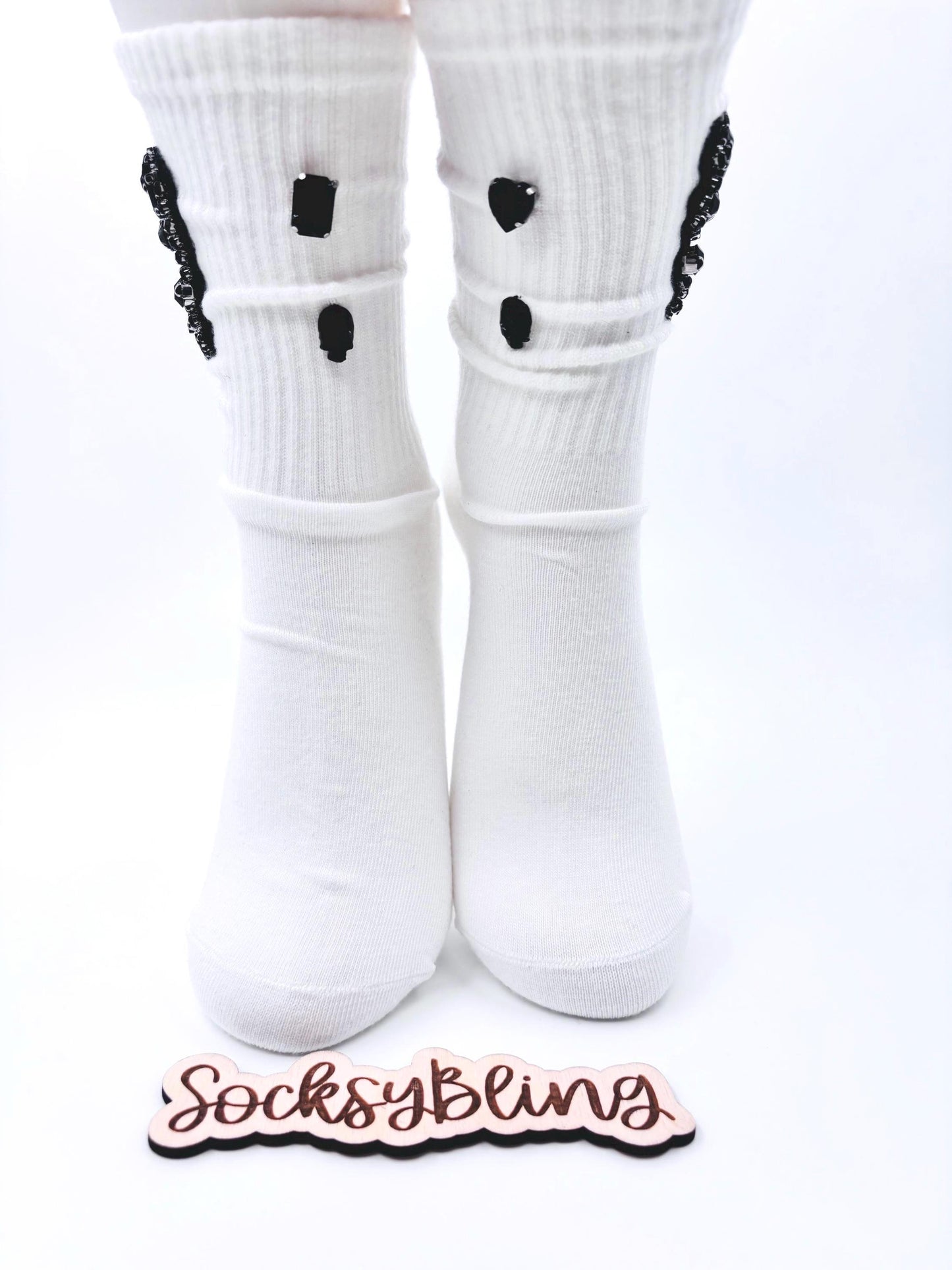 Black Skull Rhinestone Bling Socks 6-10| Cute Socks for Women| Hand-Sewn Gems Statement Socks