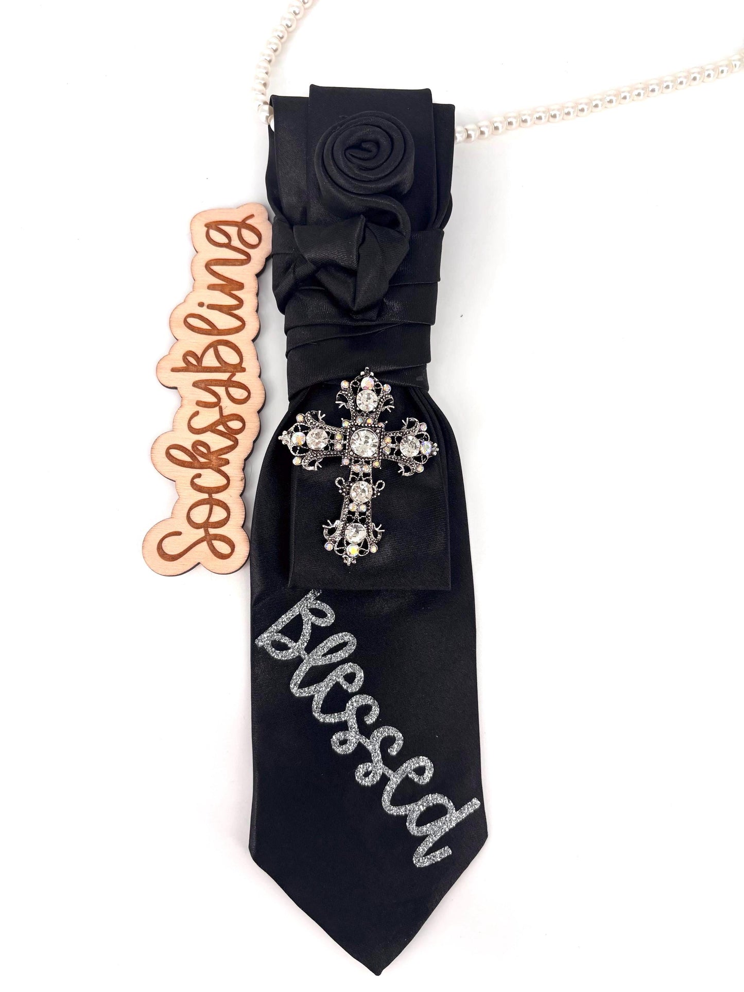 Black Statement Tie | Pearl Accessory | Hand-Sewn Knot| New Necktie| Glitter Blessed Design