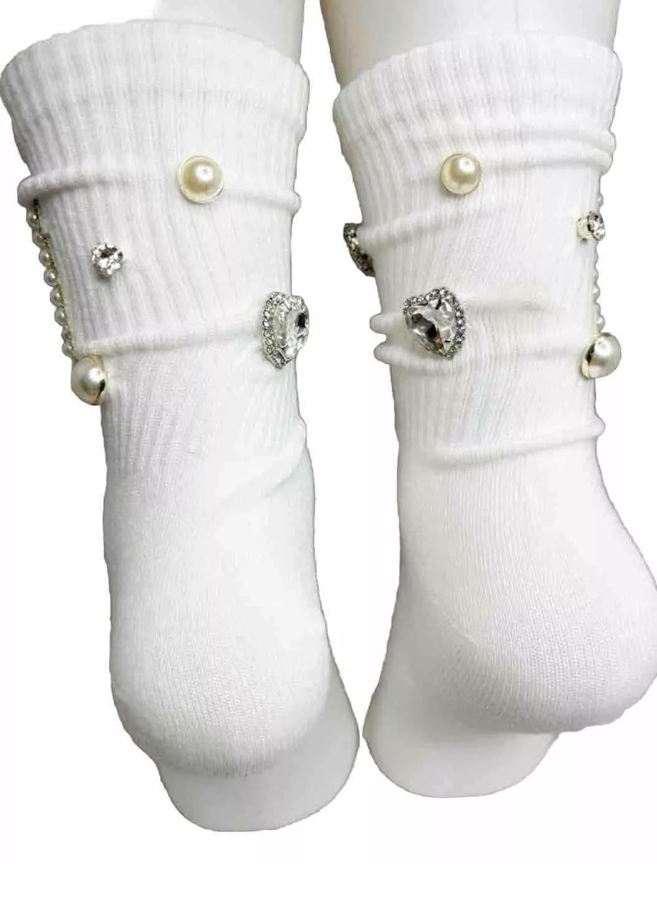 Custom N Initial Pearl Silver Bling Socks ( 6-10) Luxe Rhinestone Details, Hand-Sewn Gems