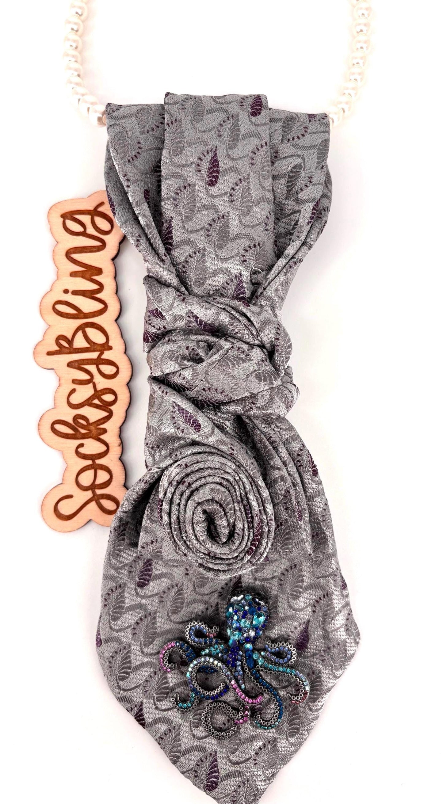 Upcycled Tie| Pearl Necklacel Accessory |Hand-Sewn Silver Brooch Tie| Necklace Necktie