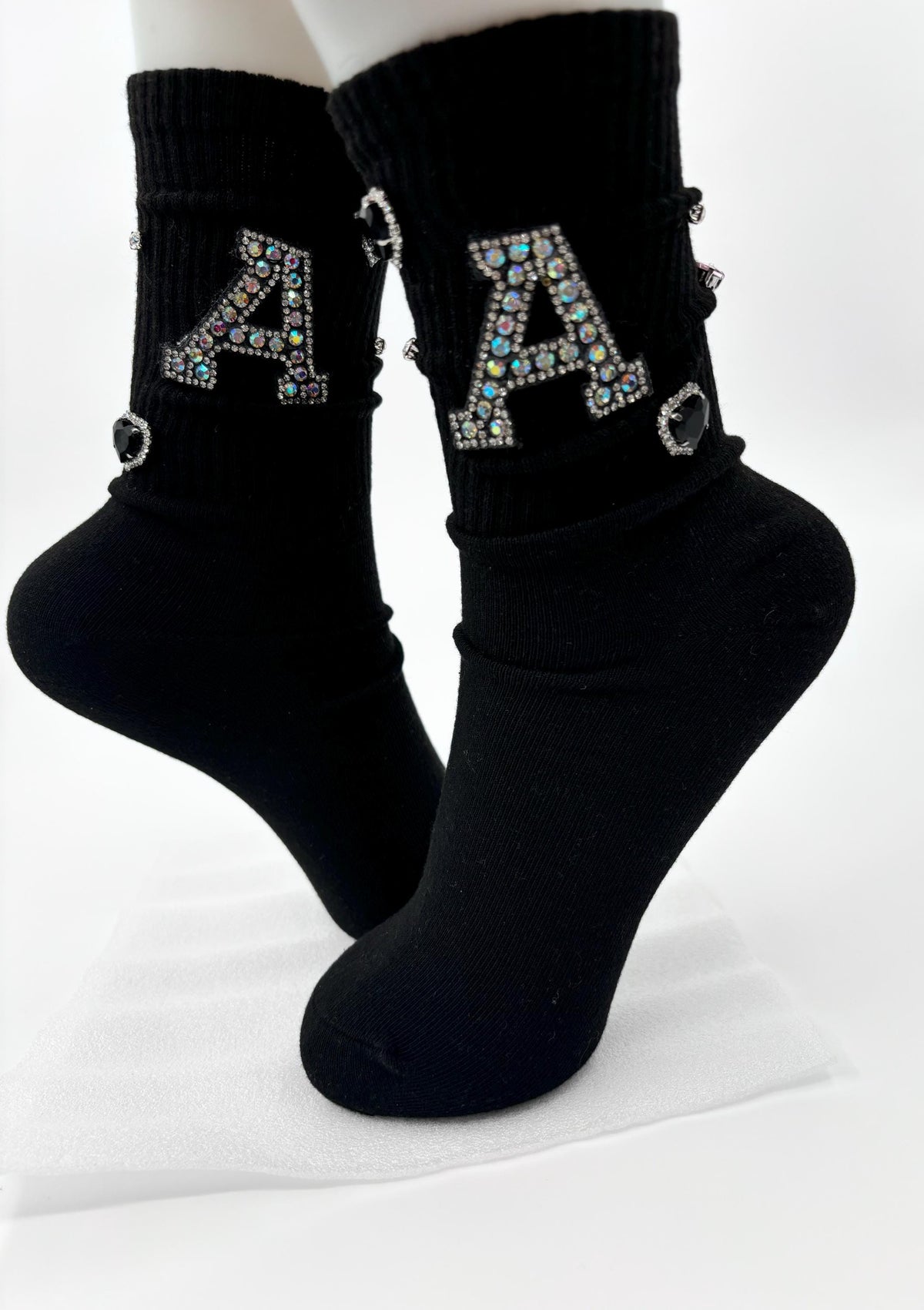 Pearl A Initial Socks (6-10) | Hand-Sewn Silver Rhinestones