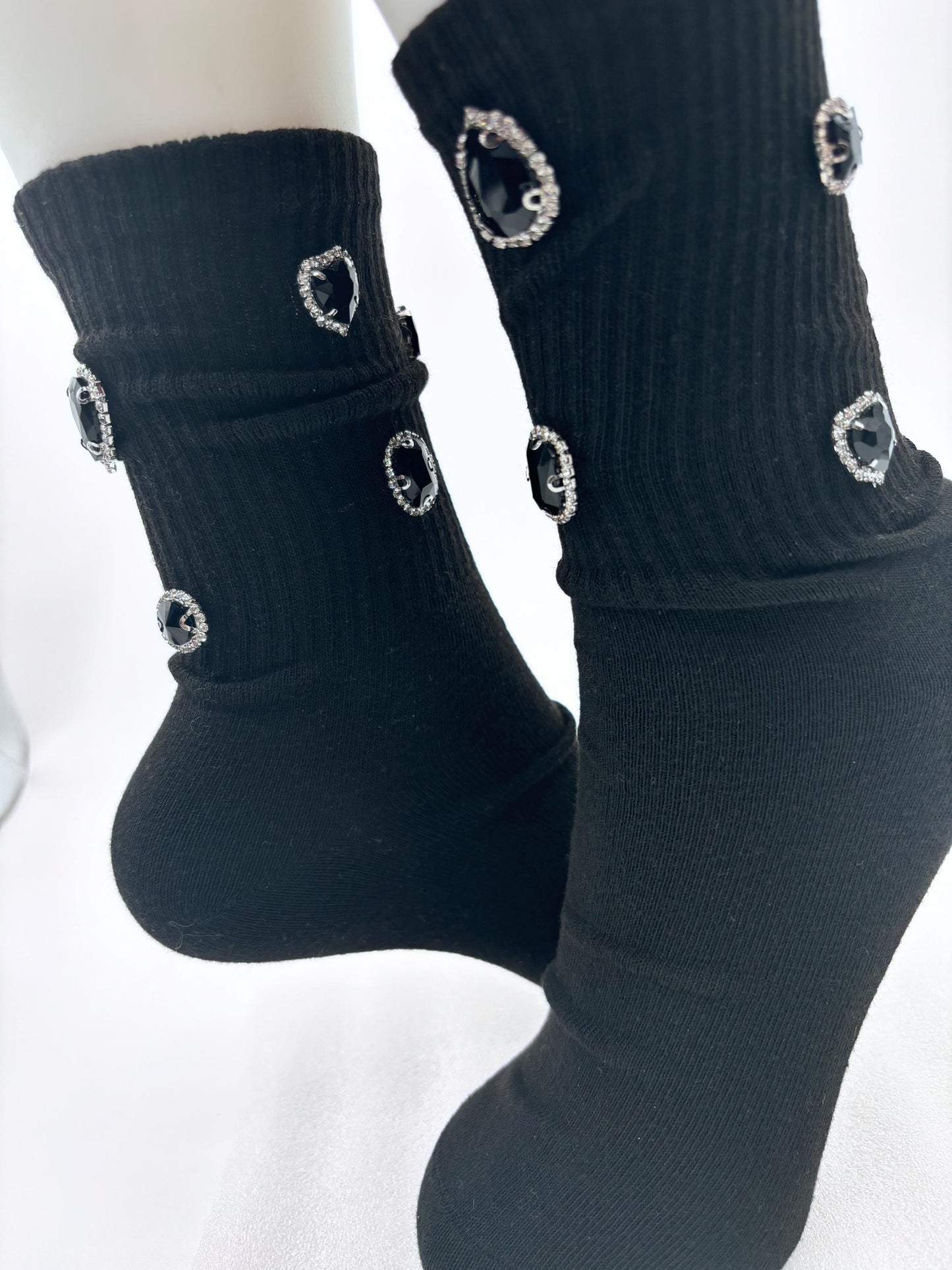 Hand Sewn Rhinestone Black Socks - Glamour Gift (Size 6-10)