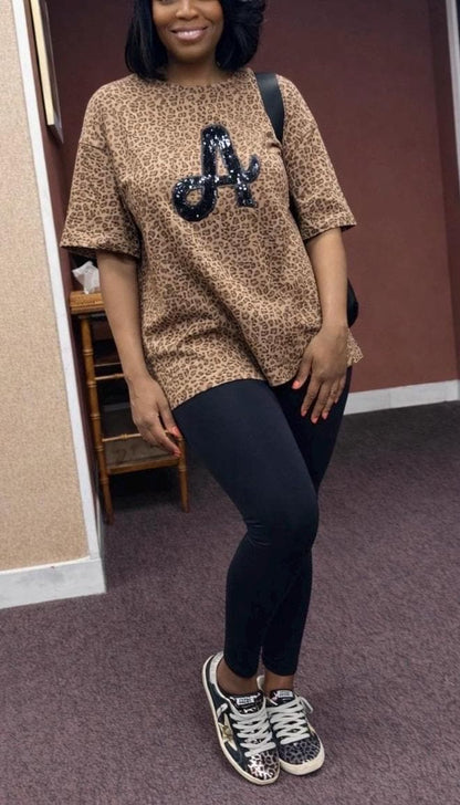 Custom Sequin Initial Leopard Print Shirt | Handmade Monogram Tee