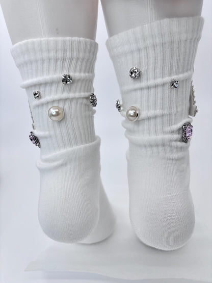 Pearl A Initial Socks (6-10) | Hand-Sewn Silver Rhinestones