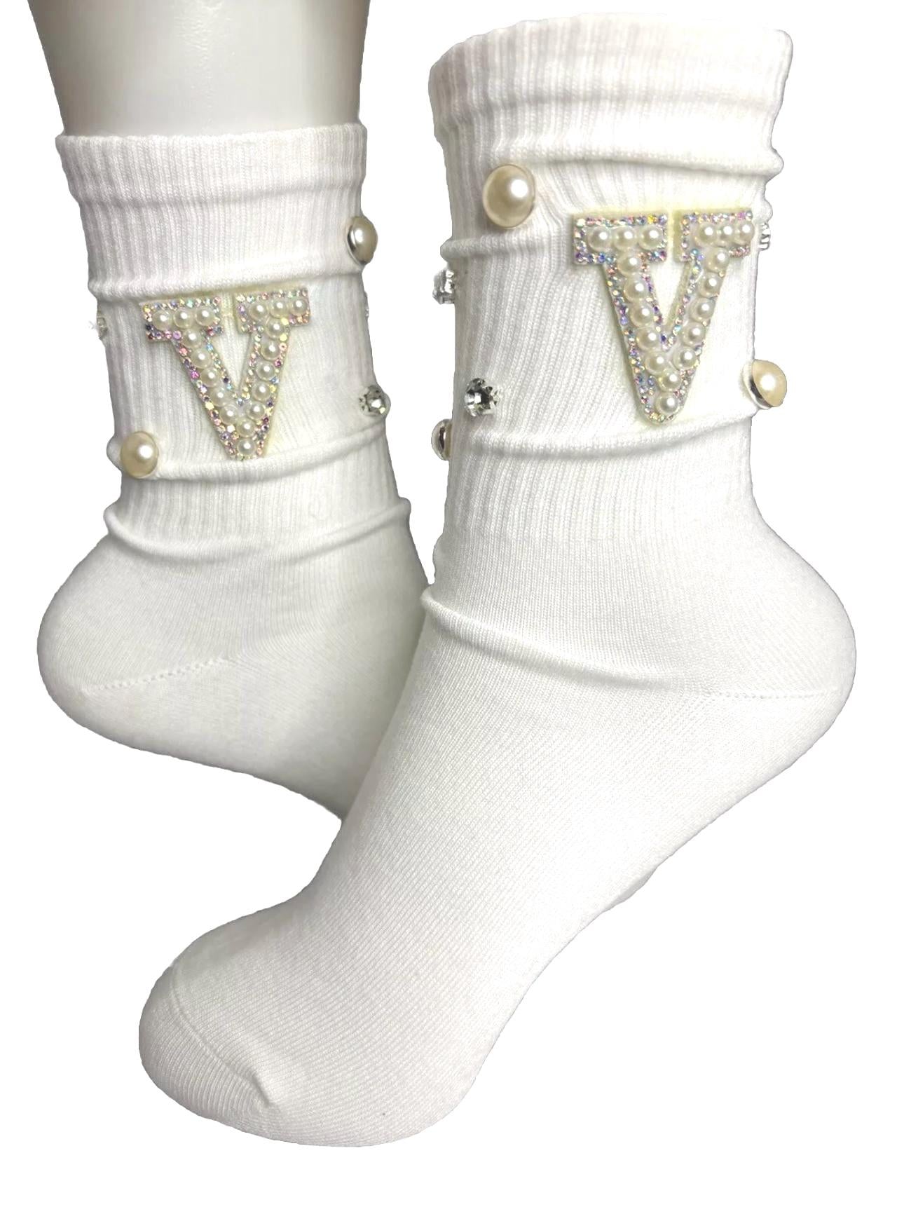 Blinged- Out Pearl V Initial Hand-Sewn Rhinestone Socks (6-10), Bling, Gems
