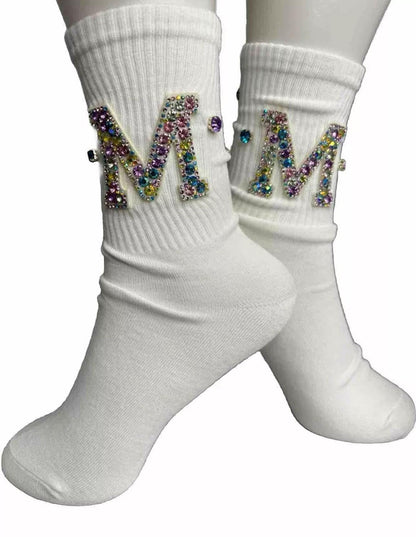 Pastel M Initial Hand-Sewn Rhinestone Socks ( 6-10)| Bling Gem Socks