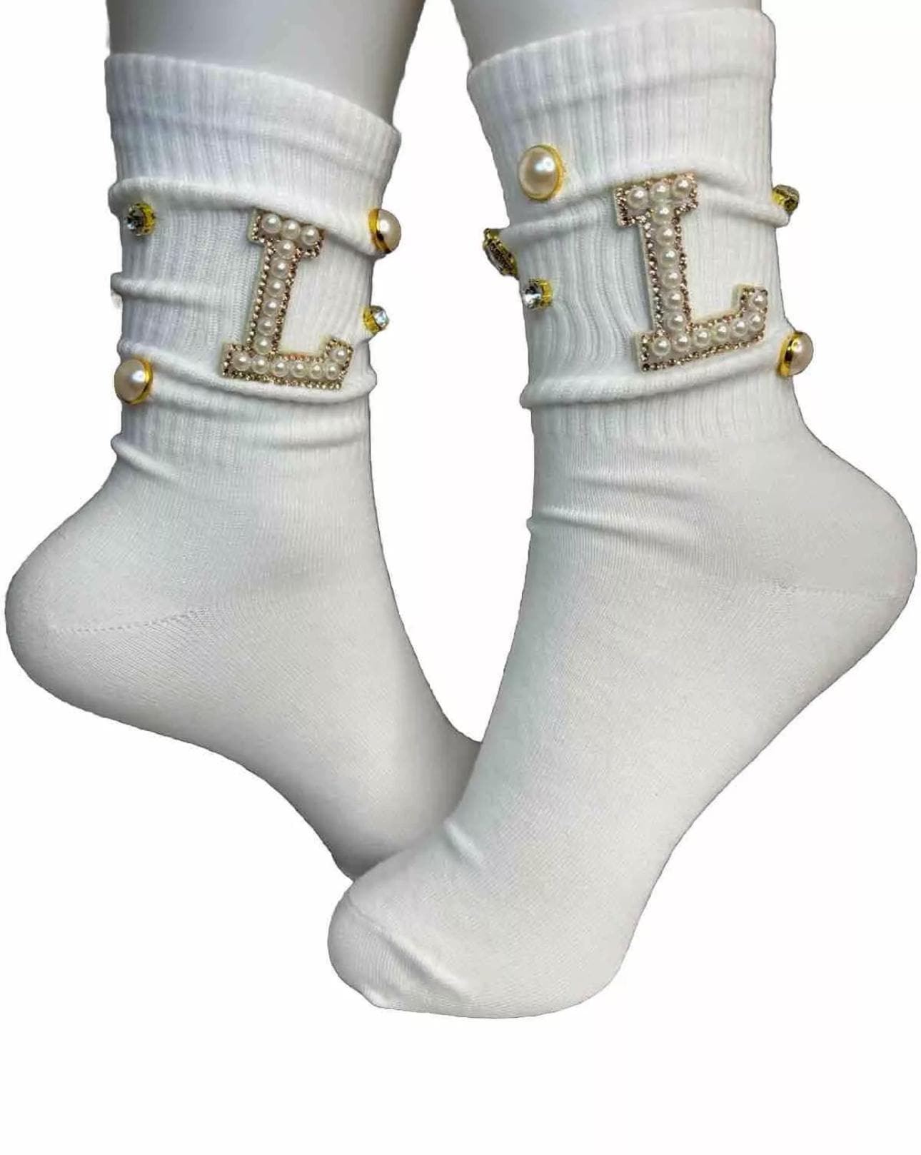 Blinged-Out Pearl L Initial Socks (6-10)|Hand-Sewn Rhinestones|  Glam Socks