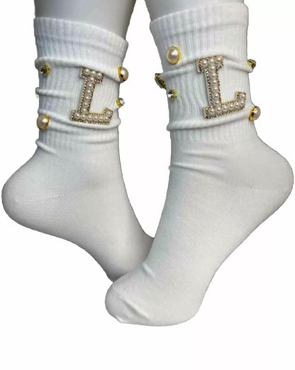 Blinged-Out Pearl L Initial Socks (6-10)|Hand-Sewn Rhinestones|  Glam Socks