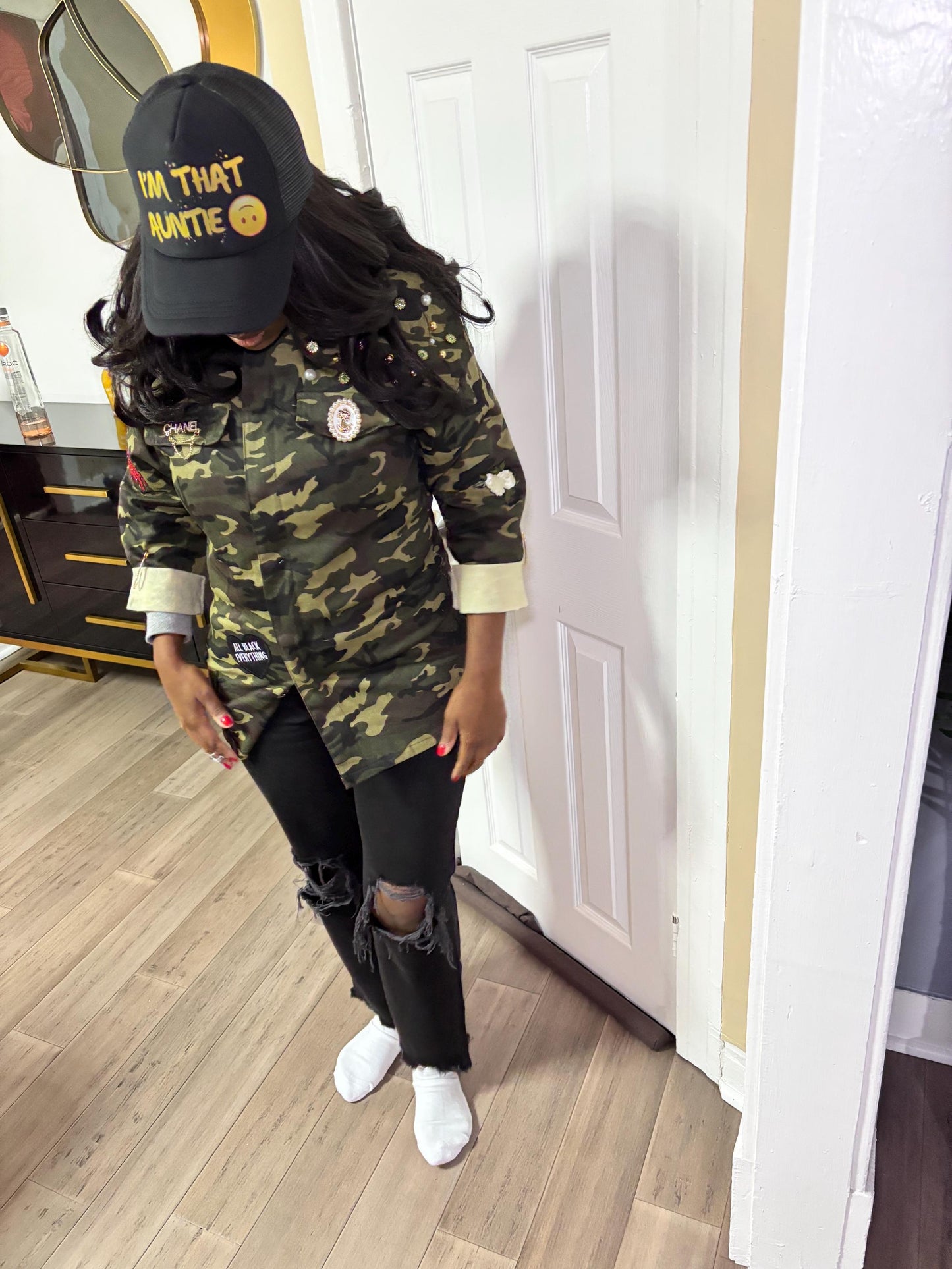 Military Chic meets Glam: Camo Patch Shirt with Shimmering Rhinestones  Blinged Out, Green Fatigue