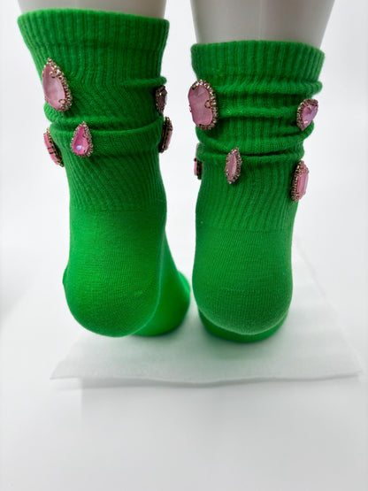 Pink & Green Hand-Sewn Bling Socks (6-10) – Sorority Inspired | Green Socks| Pink Gems