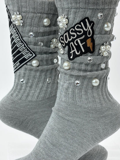 Sassy AF Bling Pearl Socks| Junks Socks Patch | Statement Girl Socks | Streetwear Dri