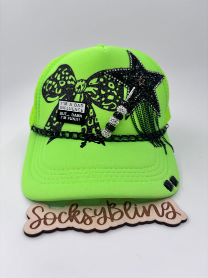 Neon Trucker hat| Bling Embellished| Sparkly Star and Leopard Glitter Bow| Trucker hat with Leopard print