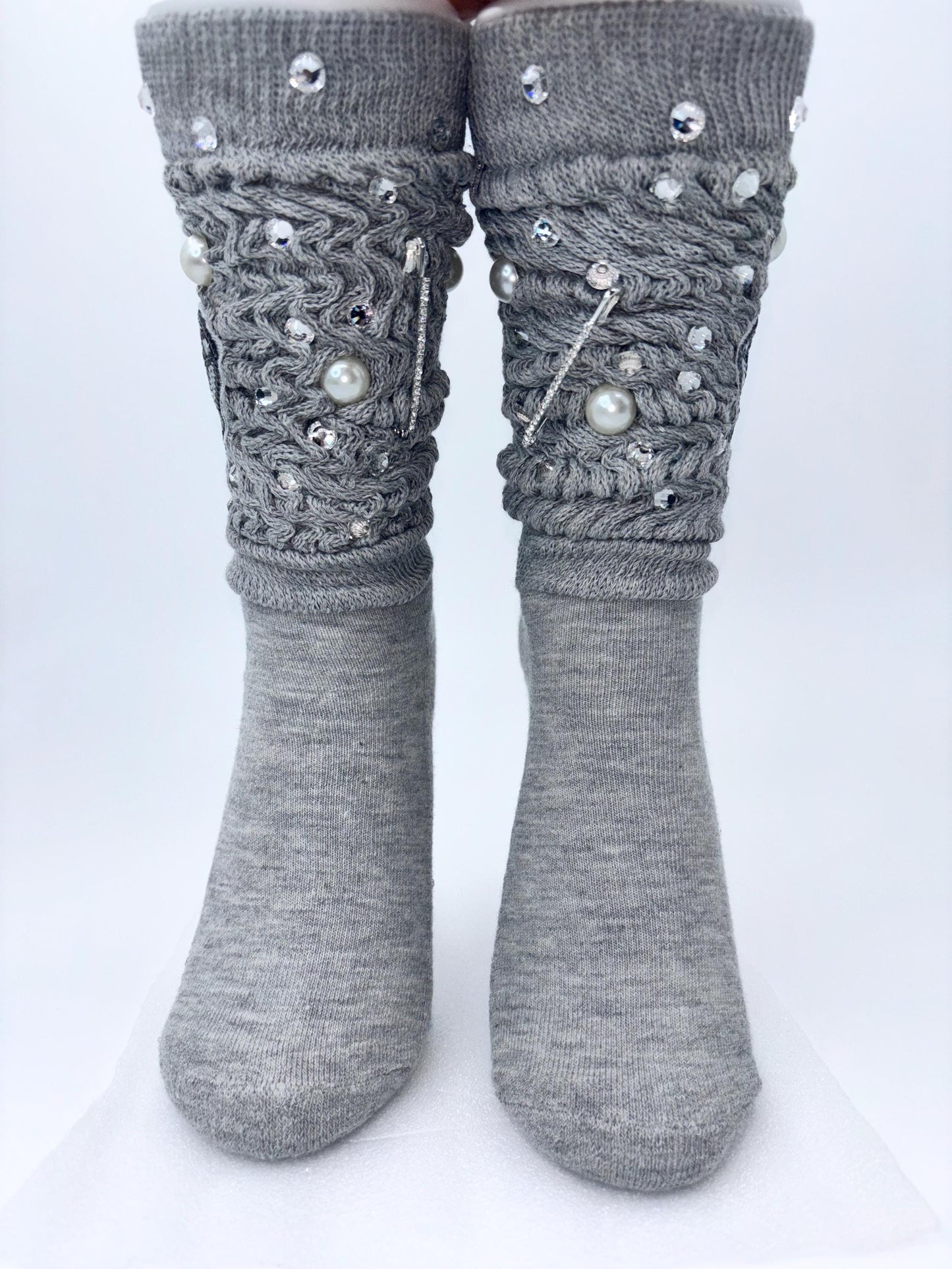 Diamond Bling Socks – Grey Scrunch Pearl & Rhinestone Crew Socks | Sparkly Streetwear Accessories |Junk SocksStatement Socks | SocksyBling™
