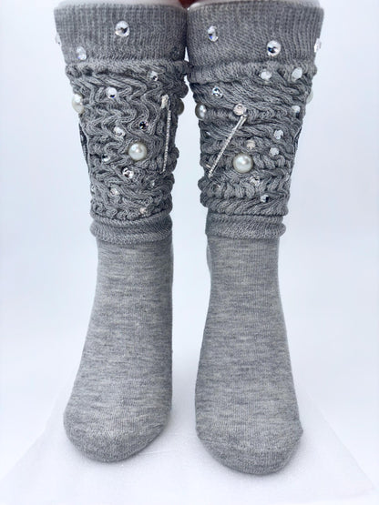 Diamond Bling Socks – Grey Scrunch Pearl & Rhinestone Crew Socks | Sparkly Streetwear Accessories |Junk SocksStatement Socks | SocksyBling™