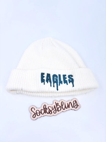 Embroidered Eagle Drip Bling Beanie| Distressed fisherman Beanie|Philly Glam Hat