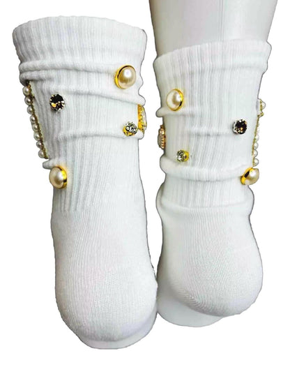 Blinged-Out Pearl H Initial Socks (6-10) |Hand-Sewn Rhinestones| Glam