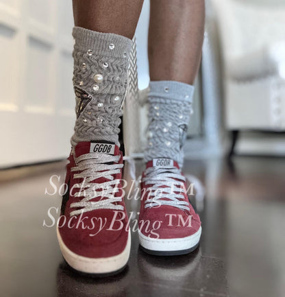 Diamond Bling Socks – Grey Scrunch Pearl & Rhinestone Crew Socks | Sparkly Streetwear Accessories |Junk SocksStatement Socks | SocksyBling™