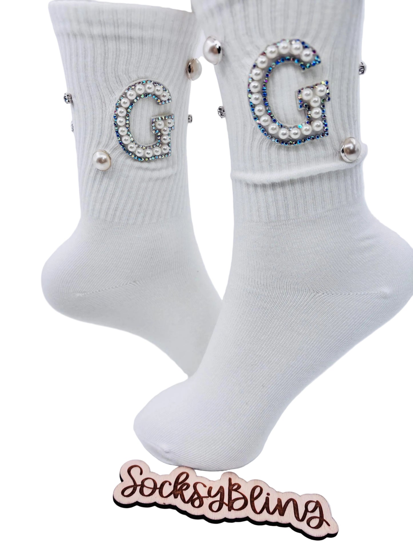 Blinged-Out Pearl G Initial Socks  (6-10) | Hand-Sewn Rhinestones| Glam Socks