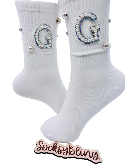 Blinged-Out Pearl G Initial Socks  (6-10) | Hand-Sewn Rhinestones| Glam Socks