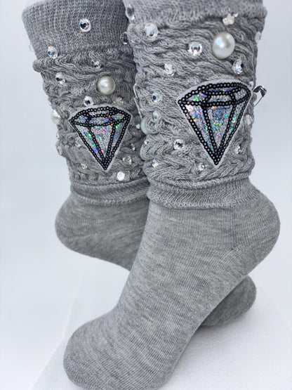 Diamond Bling Socks – Grey Scrunch Pearl & Rhinestone Crew Socks | Sparkly Streetwear Accessories |Junk SocksStatement Socks | SocksyBling™