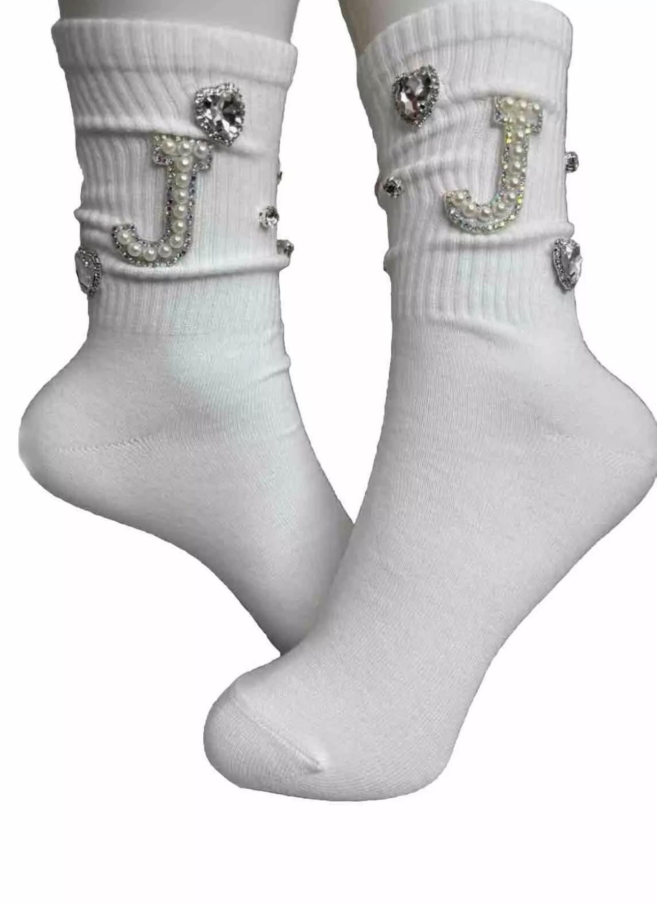 Pearl Bling J Initial Socks for Sizes 6-10 - Hand-Sewn Silver Rhinestone- Glam Socks