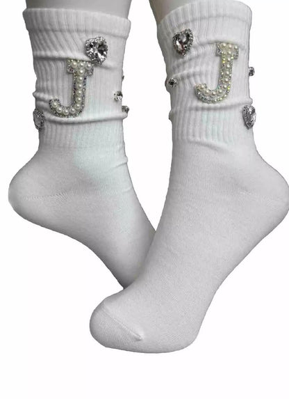 Pearl Bling J Initial Socks for Sizes 6-10 - Hand-Sewn Silver Rhinestone- Glam Socks