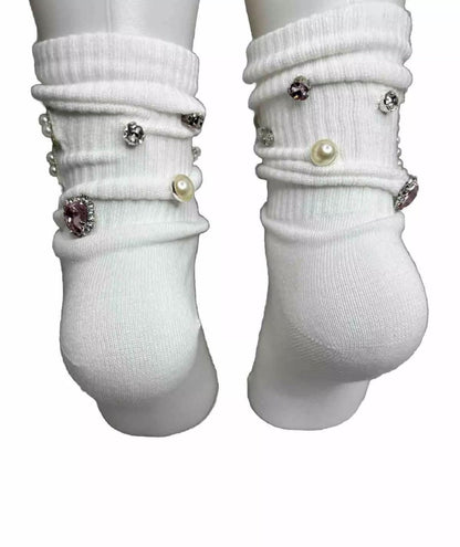 Pearl Bling F Initial Socks for Sizes 6-10 - Hand-Sewn Silver Rhinestone- Glam Socks