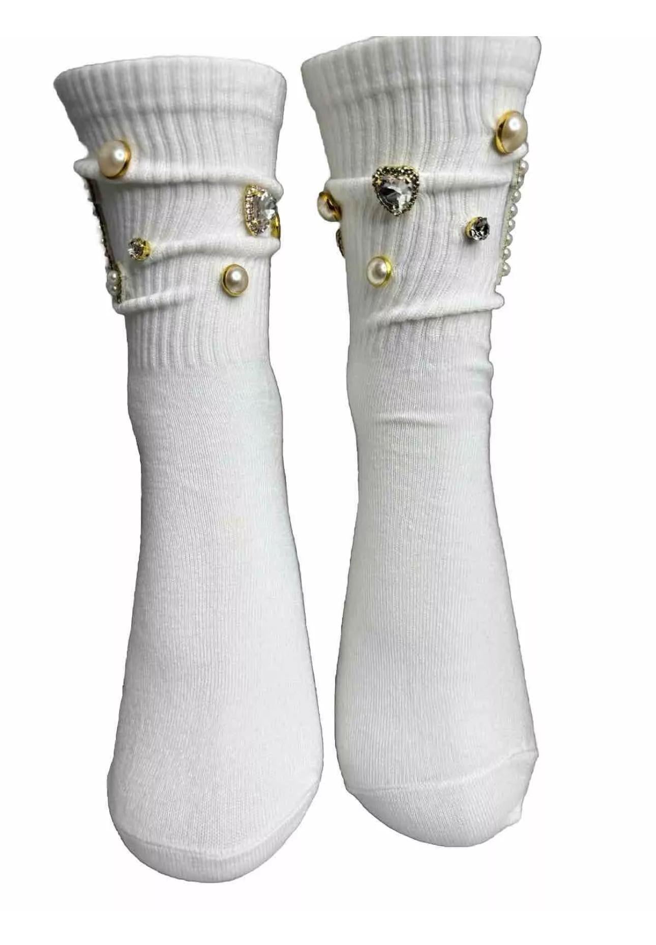 Blinged-Out Pearl L Initial Socks (6-10)|Hand-Sewn Rhinestones|  Glam Socks
