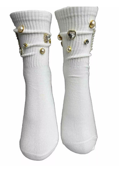 Blinged-Out Pearl L Initial Socks (6-10)|Hand-Sewn Rhinestones|  Glam Socks
