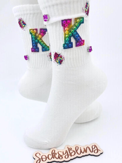 Rainbow Pearl K Initial Socks (6-10)| Hand-Sewn Bling Socks|Rhinestone Socks|Socks with Gems