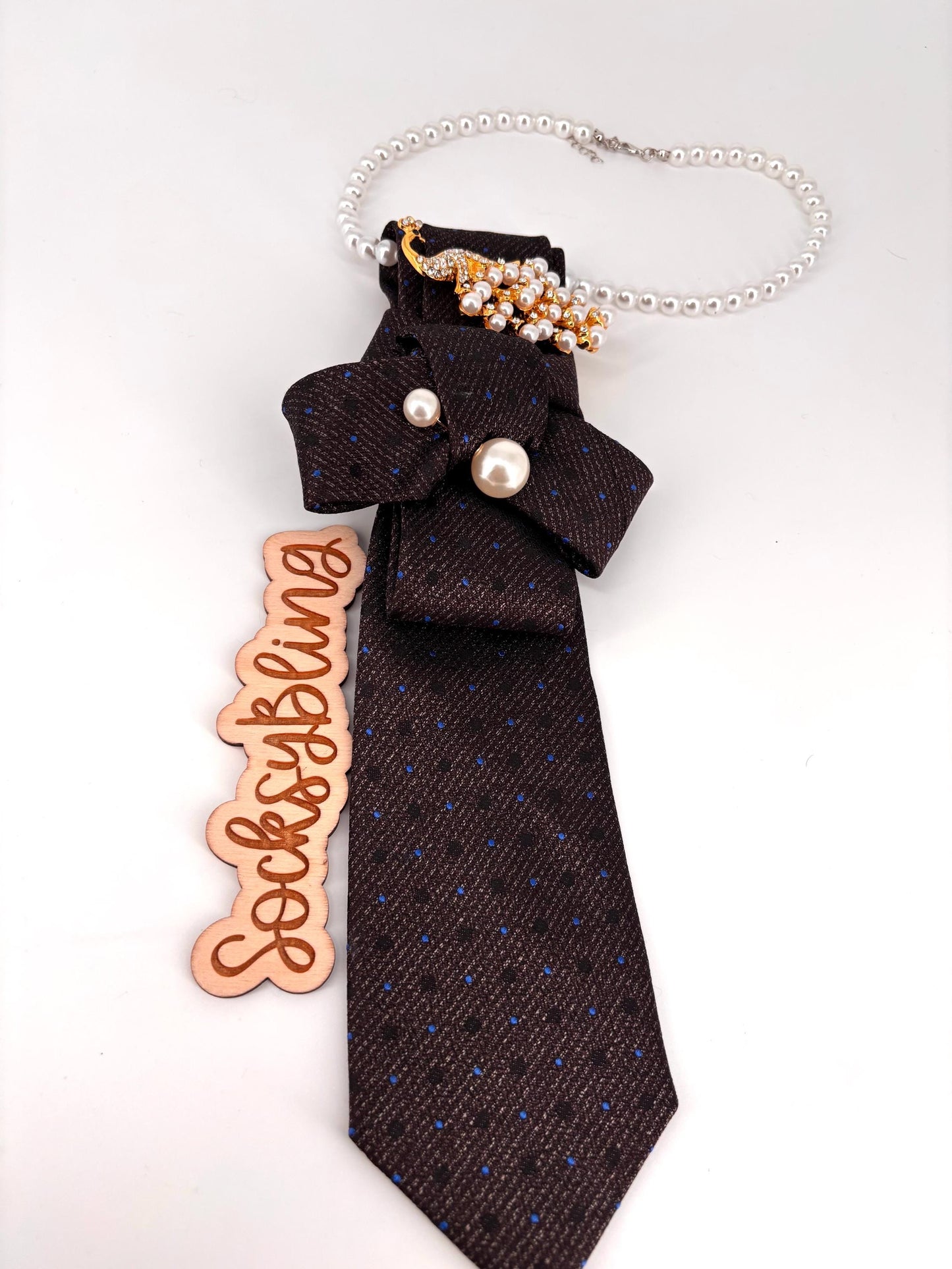 Necklace Tie With Blue Pin Dots |  Pearl Accessory | Hand-Sewn Knot| Octopus Brooch Tie| New Necktie