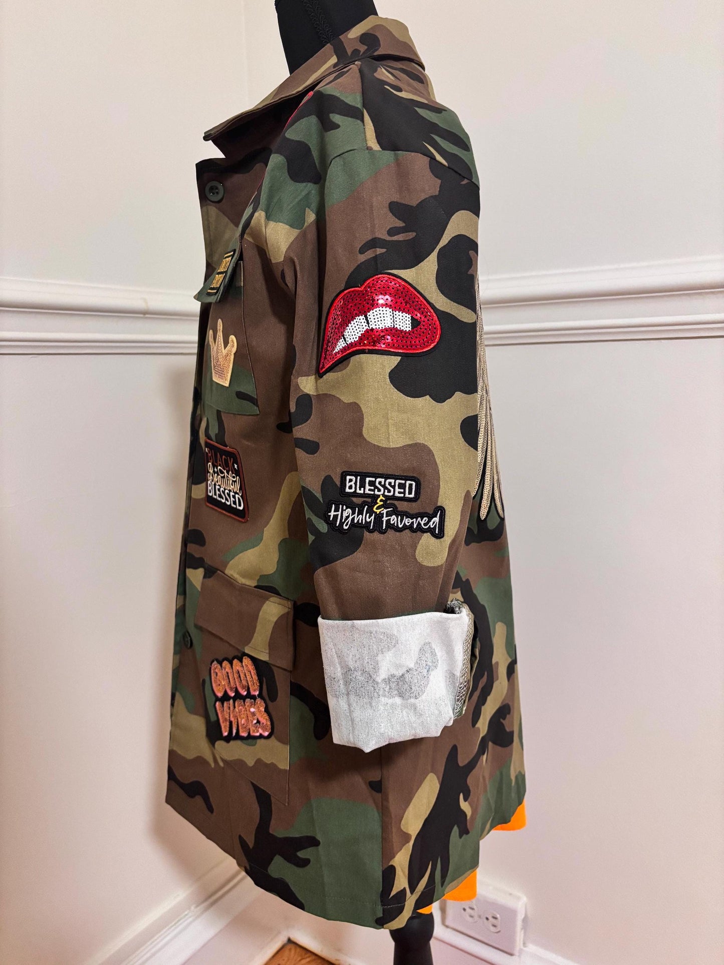 Military Chic meets Glam: Camo Patch Jacket with Shimmering Rhinestones| Bling and Patches