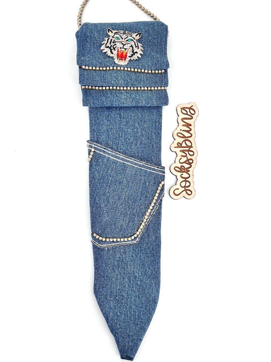 Denim Necktie| Junk Tie| Handmade Bling Tie with Bow| Bow tie