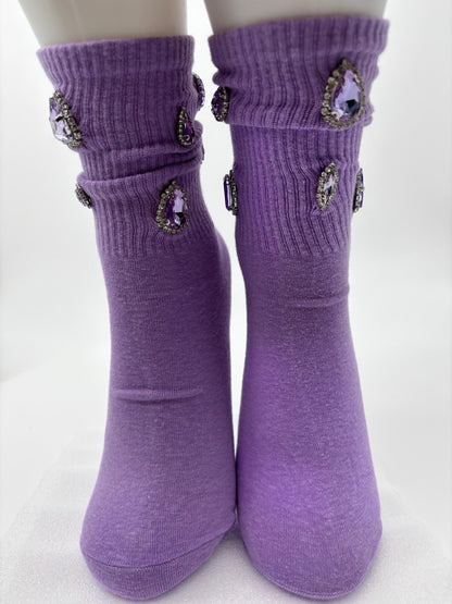 Hand Sewn Rhinestone Socks - Lilac Purple Gem, Size 6-10