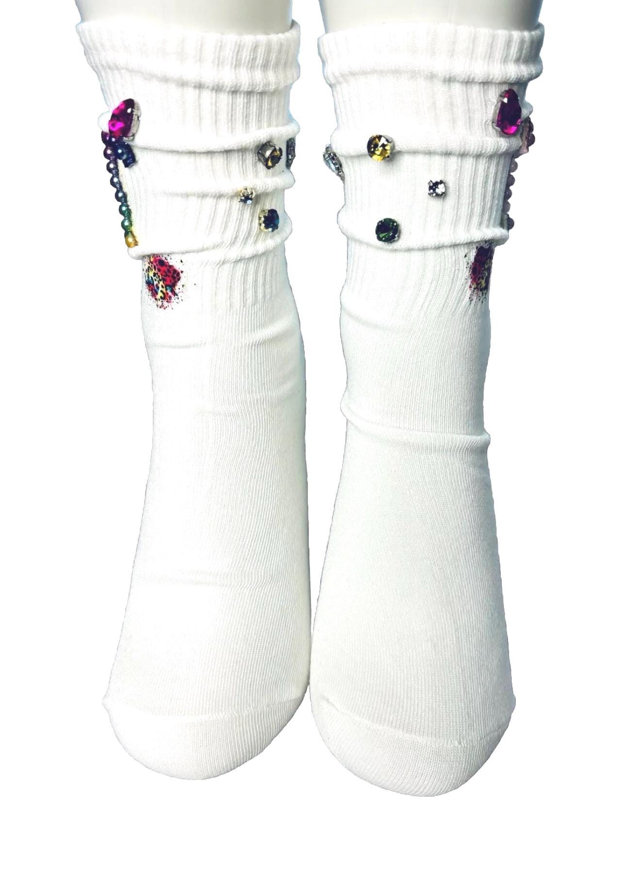 Rainbow Pearl T Initial Socks (6-10), Coloful, Pearls, Rhinestones, Gems, Handmade
