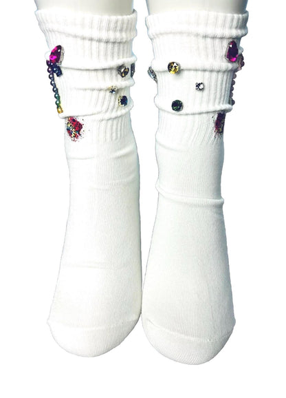 Rainbow Pearl T Initial Socks (6-10), Coloful, Pearls, Rhinestones, Gems, Handmade