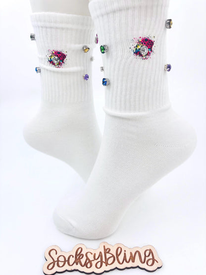 Rainbow Pearl K Initial Socks (6-10)| Hand-Sewn Bling Socks|Rhinestone Socks|Socks with Gems