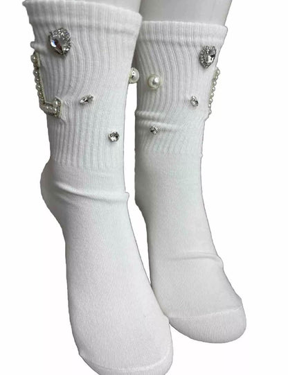 Hand- Sewn Embellished Initial Socks (6-10), Gems Bling Socks