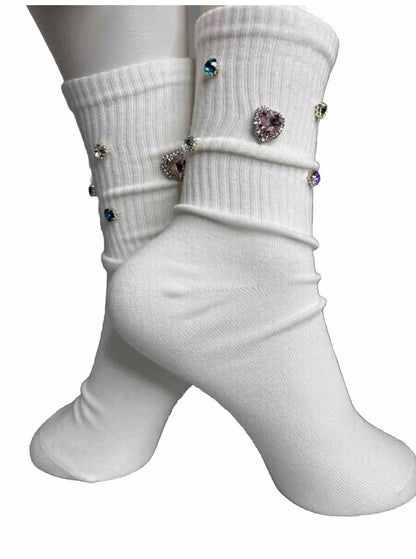 Pastel M Initial Hand-Sewn Rhinestone Socks ( 6-10)| Bling Gem Socks