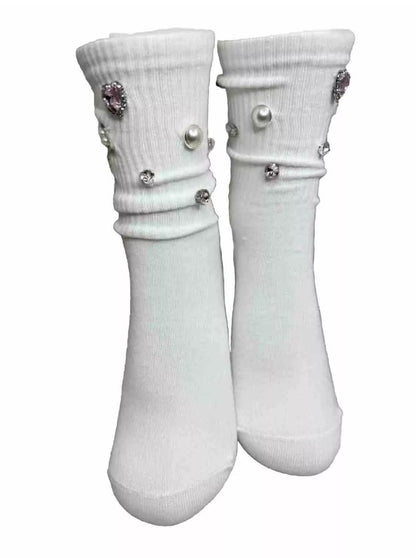 Pearl Bling F Initial Socks for Sizes 6-10 - Hand-Sewn Silver Rhinestone- Glam Socks