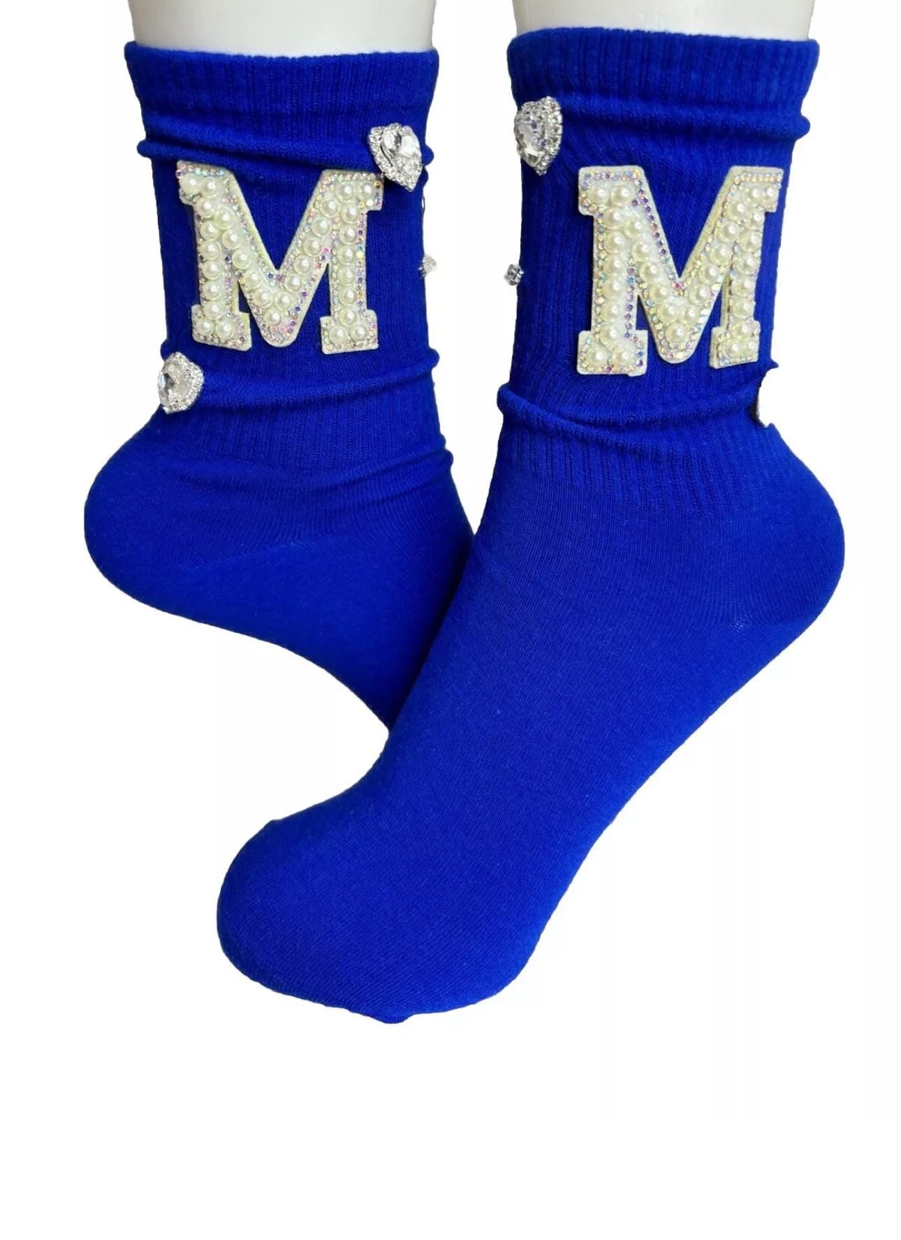Pearl M initial Rhinestone socks 6-10, Gems, Hand-Sewn, Bling