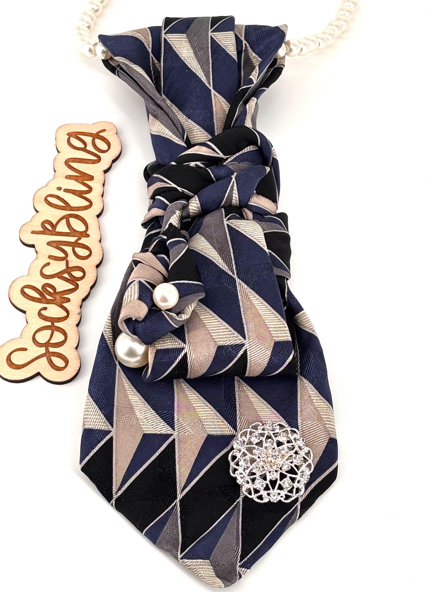 Upcycled Tie| Pearl Necklacel Accessory |Hand-Sewn Silver Brooch Tie| Necklace Necktie