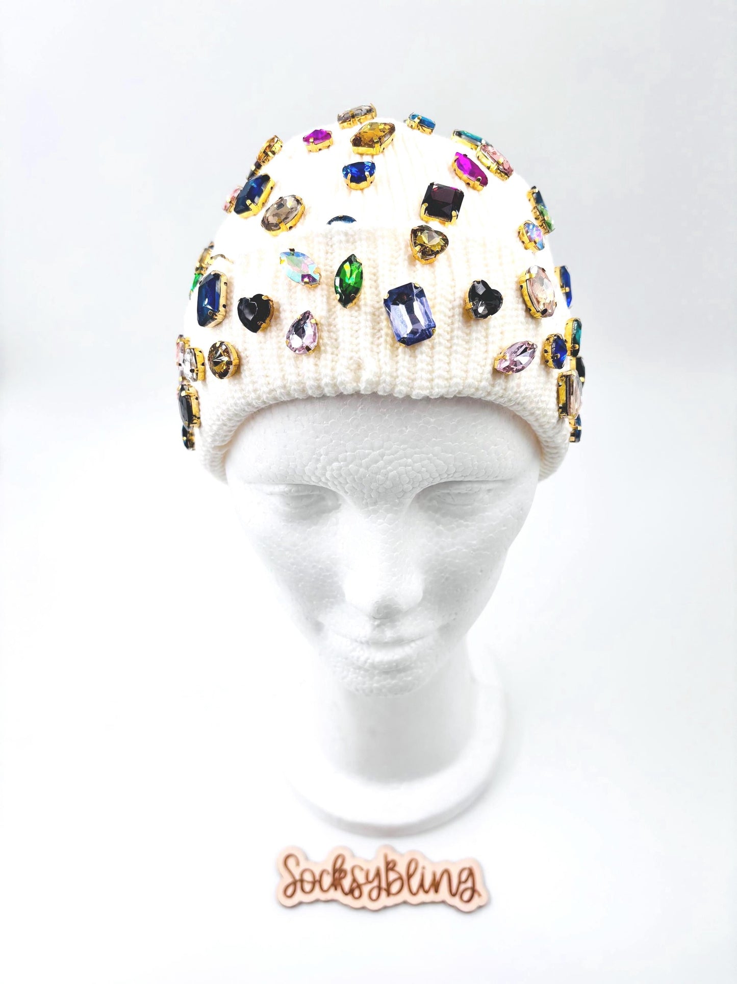 Bling Distressed Beanie | Colorful Rhinestone Statement Hat | Fisherman Beanie
