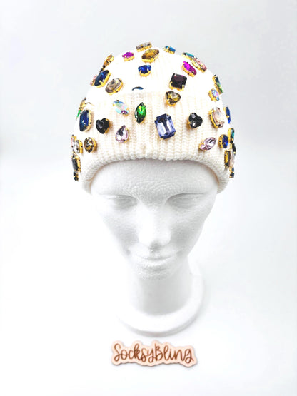 Bling Distressed Beanie | Colorful Rhinestone Statement Hat | Fisherman Beanie