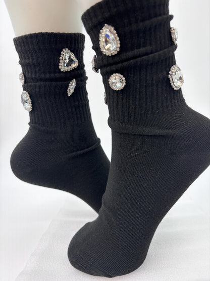 Chunky Gems Black Socks 6-10, Gems, Rhinestones| Hand-Sewn Bling Statement Socks