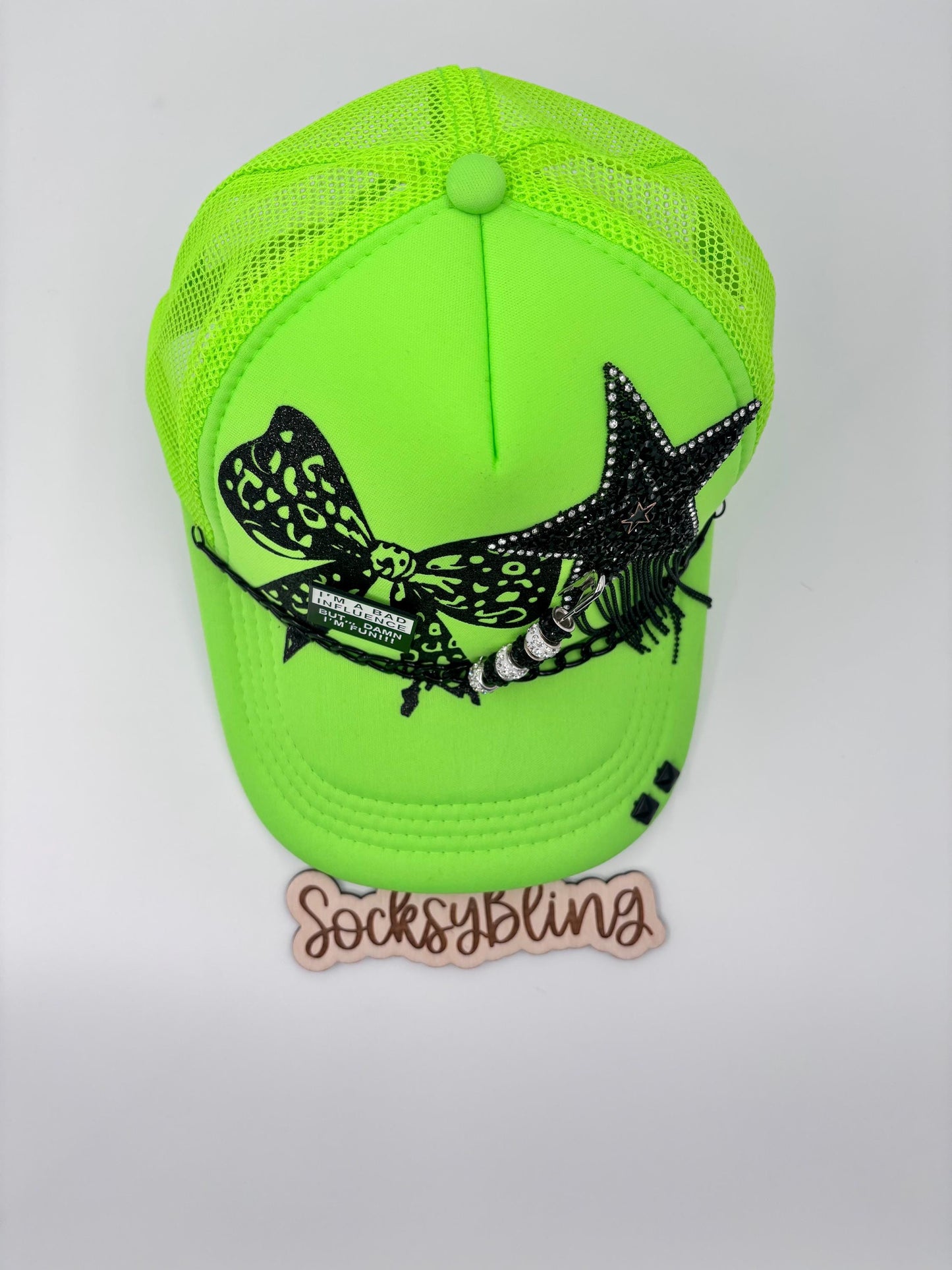 Neon Trucker hat| Bling Embellished| Sparkly Star and Leopard Glitter Bow| Trucker hat with Leopard print