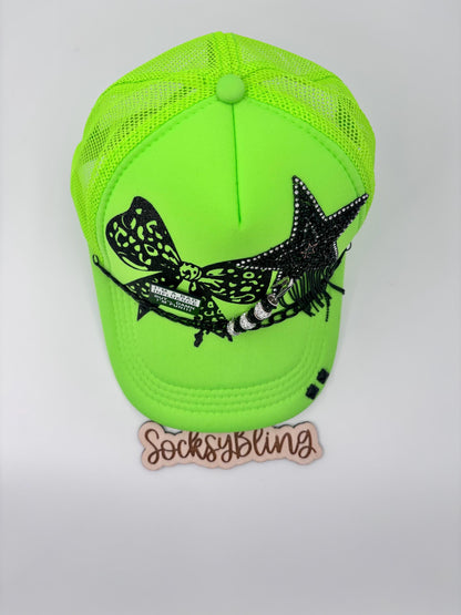 Neon Trucker hat| Bling Embellished| Sparkly Star and Leopard Glitter Bow| Trucker hat with Leopard print